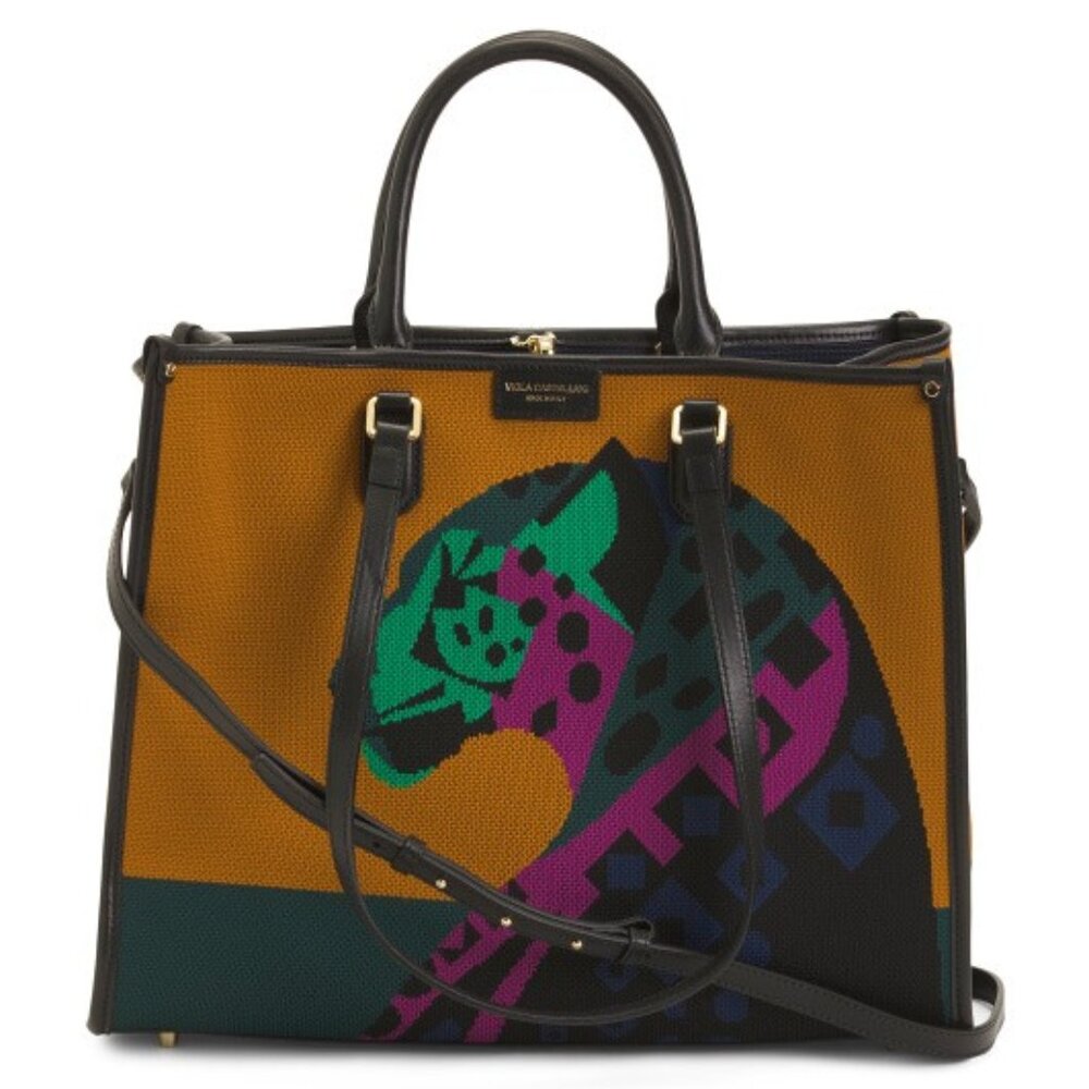 VIOLA CASTELLANI Made in Italy Tiger/Leopard Leather Crochet Tote
